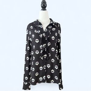Sunday Best Aritzia Womens Black Floral Ruffle Preppy Button Up Blouse Medium